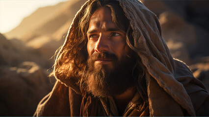 Jesus Christ in a hooded robe is smiling, in the style of biblical drama, golden light. A man in...