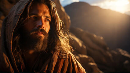 Jesus Christ in a hooded robe is smiling, in the style of biblical drama, golden light. A man in the desert.