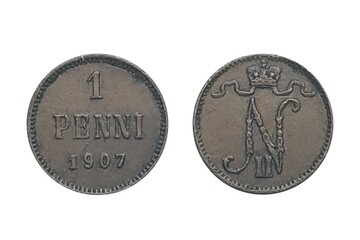 1 Penni 1907 Nikolai II. Coin of Finland. Obverse Crowned monogram of Nikolai II.  Reverse Denomination and date - obrazy, fototapety, plakaty