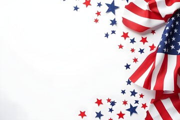 patriotic celebration background with american flag and stars, in the style of paper cut-outs, white background, minimalist still life, aerial view, decorative borders, poster, lively tableaus