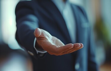 Businessperson displays open palm in a gesture of honesty trust and transparency, brand launch image - obrazy, fototapety, plakaty