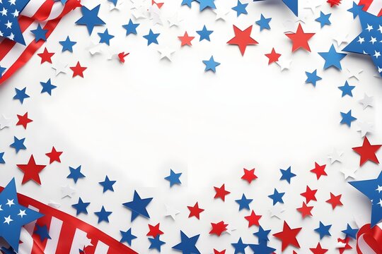 patriotic celebration background with american flag and stars, in the style of paper cut-outs, white background, minimalist still life, aerial view, decorative borders, poster, lively tableaus