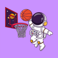 Cute astronaut playing basketball in space cartoon vector icon illustration. science sport isolated. © Arumsari