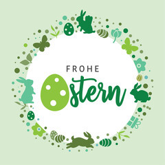 Osterdekoration mit Osterhasen, Ostereiern und deutschem Text - frohe Ostern auf grünem Hintergrund