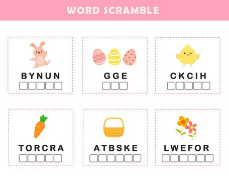 Easter word scramble for kids. Fun spelling practice worksheet. Learning activitiy for children. 