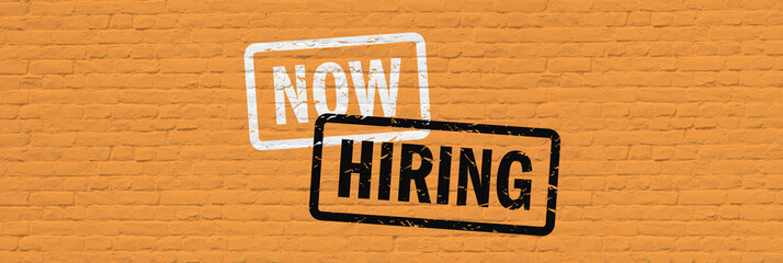 Obraz premium Now hiring on rubber stamp imprint