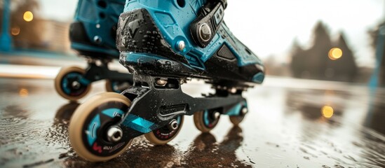 Fototapeta premium Photo of roller adjusting buckle on inline roller skates taken up close