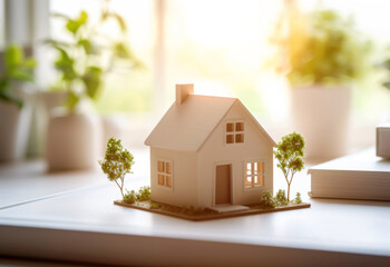 Cute miniature wooden brown house on desk with blurred window background. Concept of planning, financing, budgeting, paying off a house, building. Real estate. Mortgage. Inheritance of home.