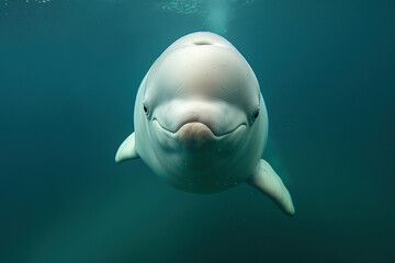 Close-up of a cheerful dolphin underwater with a playful smile, conveying a sense of joy.