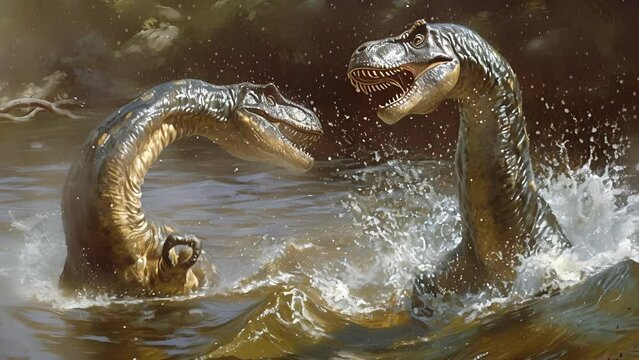 Two baby brachiosauruses engage in a friendly wrestling match in the water their long necks and tails creating a playful scene.