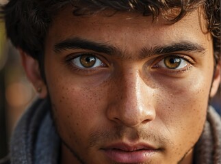 Obraz premium Closeup detailed of staring brown eyes of a young man from Generative AI
