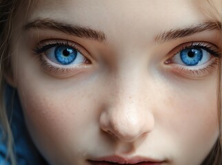 Obraz premium Closeup detailed of staring blue eyes of young woman from Generative AI