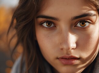 Closeup detailed of staring brown eyes of young woman from Generative AI