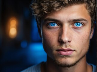 Obraz premium Closeup detailed of staring blue eyes of a young man from Generative AI