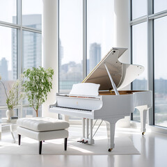 White Baby Grand Piano in Highrise Apartment: City Backdrop
