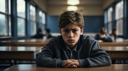 A sad and stressed depressed school boy victim of school bullying, alone sitting in school from Generative AI