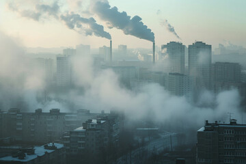 Urban Pollution at Sunset with Silhouetted Smokestacks and Cityscape