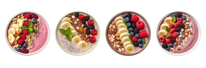 Set of protein-packed smoothie bowls isolated on a transparent background.