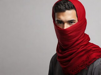Naklejka premium Young man with face covered by red shawl from Generative AI