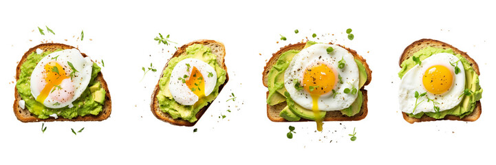 Set of avocado toast with poached egg isolated on a transparent background.