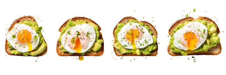 Set of avocado toast with poached egg isolated on a transparent background.