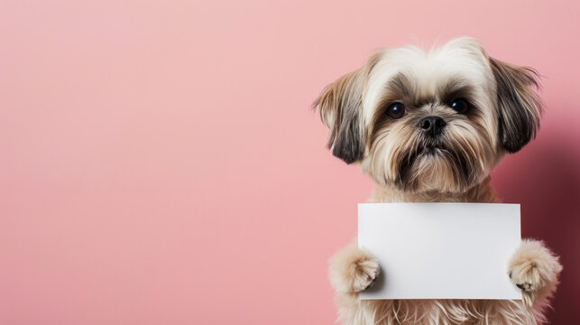 Adorable Shih Tzu dog holds a blank white sign mock-up, on a pink background with copy space. Template for grooming salon or pet store advertising