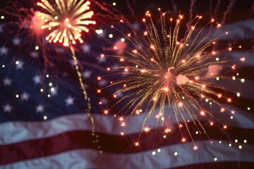 fireworks with the us flag on it is shown, in the style of detailed background elements, lightbox, light gold and light black, dark white and crimson, peder balke, neon grids, multilayered 