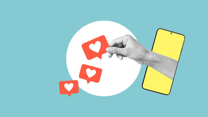 Collage with the hand holding likes of big social media from smartphone touchscreen. Content strategy. Social media marketing. Business and internet concept