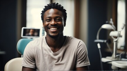 Naklejka premium Smiling happy black african guy sitting on a dentist chair from Generative AI