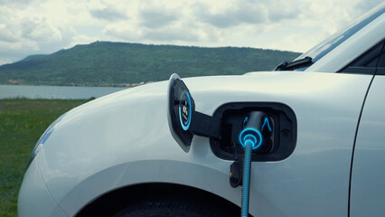 Electric car plug in with charging station, recharge battery by EV charger cable display smart...