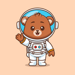 Cute bear astronaut standing and waving hand cartoon vector icon illustration animal science icon concept isolated
