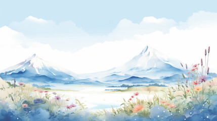 Serene Mountain Landscape Painting with Snow-Capped Peaks