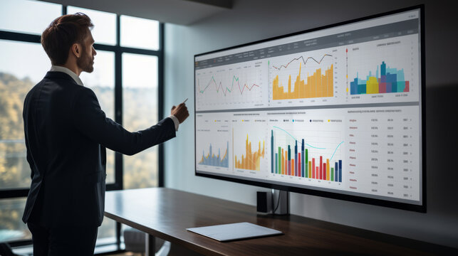 Businessman Analyzing Financial Data On Large Screen Display In Office