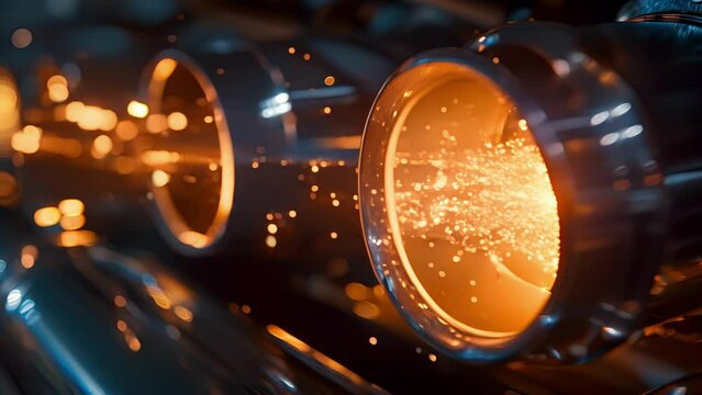 A closeup of a spark plug igniting and sparking inside the exhaust creating a mesmerizing light show.