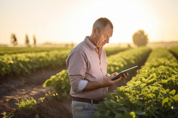Naklejka na ściany i meble Smiling farmer inspecting crops with tablet during sunset in the field