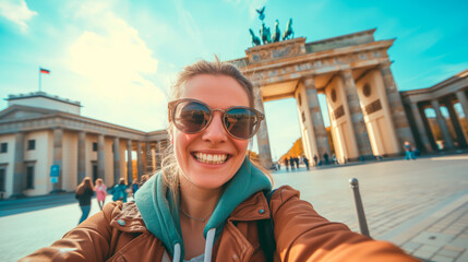 Young female tourist taking a selfie at the Brandenburger Gate in Berlin. Concept of solo travel, exploring the world and weekend get aways. Shallow filed of view.