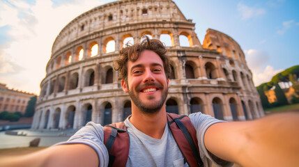 Man taking selfie at Colosseum in Rome, bucket list solo travel.