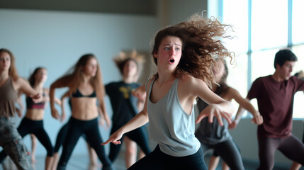 Energetic dance class enjoying a latin rhythm workout in a gym.