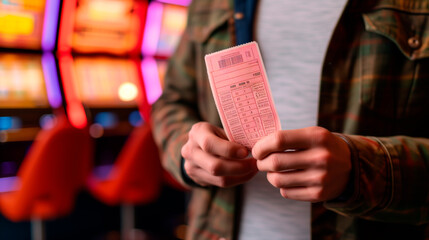 Person holding lottery ticket in casino, chance and luck concept. Shallow field of view.

