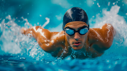 Focused male swimmer mid-butterfly stroke, athletic training in pool, water splash.