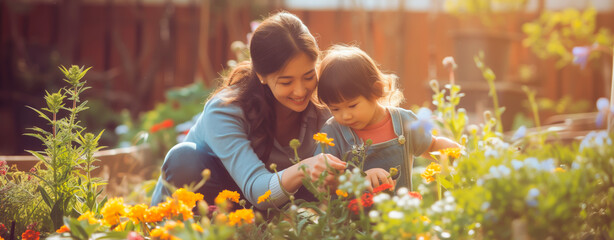 Mother and daughter gardening in spring morning light. Wide banner. - obrazy, fototapety, plakaty