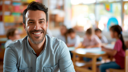 Fototapeta premium Male teacher in a vibrant classroom, promoting education and positive student development.