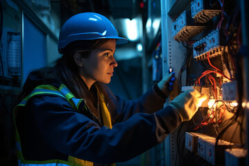 Professional female electrician inspecting electrical panel at night
