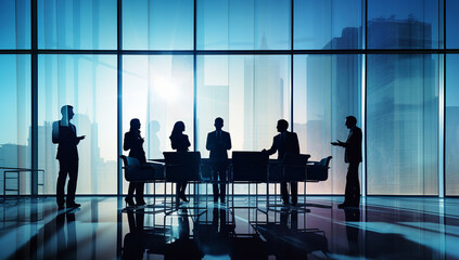 Corporate professionals silhouetted against cityscape in modern office
