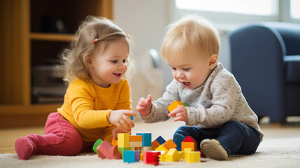 Obraz na płótnie Canvas Two happy toddlers playing with colorful building blocks on carpet