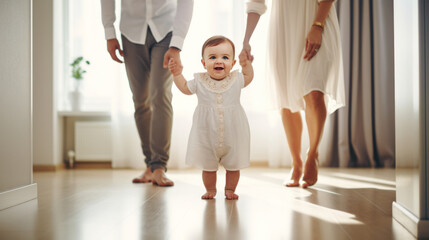 Baby's first steps assisted by parents in sunny home interior