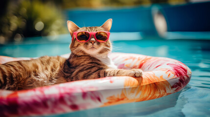 Chill cat in sunglasses relaxing on a pool float in summer