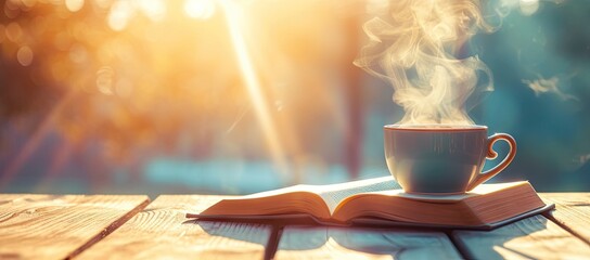 Vintage morning scene with hot cup of coffee and open book on wooden table reflecting relaxing and...