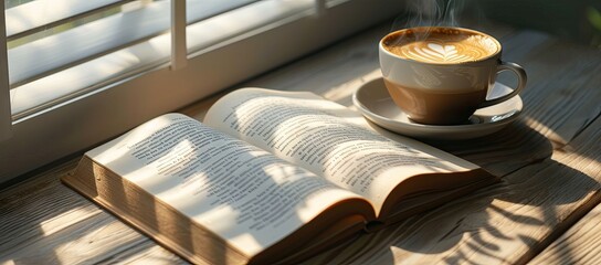 Vintage morning scene with hot cup of coffee and open book on wooden table reflecting relaxing and...