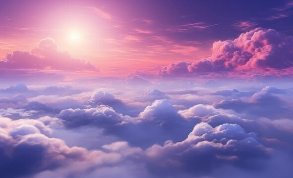 Serene sunset skyline with fluffy clouds and warm colors